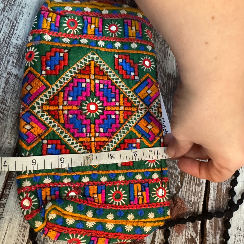 Multicolor Embroidered Rounded Flap Clutch - Green - Picture 8 of 8